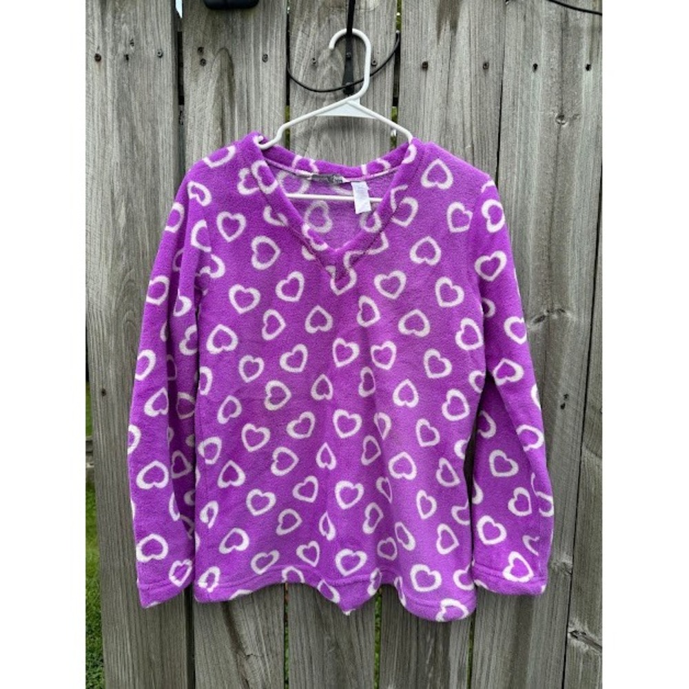Cozycore Pajama Heart Print Hotel Spa Fleece Top Medium Purple V-Neck Lounge